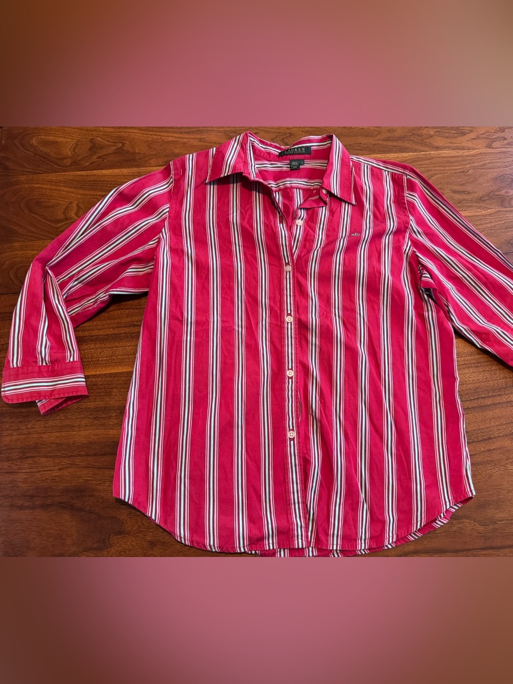 Lauren Ralph Lauren 100% Cotton Slim Fit 3/4 Length Sleeve Red Striped shirt L